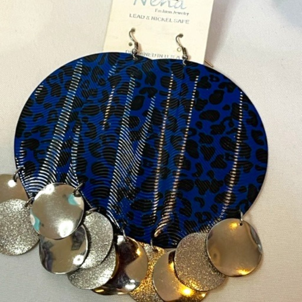 Large Royal Blu Animal Print Earrings With Gold Discs Dangling.